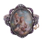 A ruby and diamond set miniature bangle,   the oval plaque painted with a seated flower girl and a