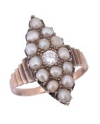 A half pearl and diamond ring,   the marquise shaped panel set with a central brilliant cut diamond