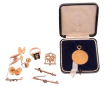 A small collection of gold and gold coloured jewellery,   to include two single 18 carat gold