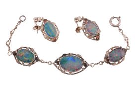 An opal doublet bracelet and ear pendents  , the bracelet with three graduated opal doublets within