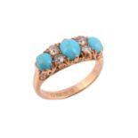 An Edwardian 18 carat gold turquoise and diamond ring,   the three oval shaped turquoise with old