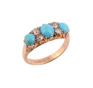 An Edwardian 18 carat gold turquoise and diamond ring,   the three oval shaped turquoise with old
