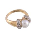 A cultured pearl and diamond ring,   the central 8mm cultured pearl set between brilliant cut