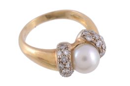 A cultured pearl and diamond ring,   the central 8mm cultured pearl set between brilliant cut