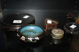 Collectable items; to include a heart shaped box, two Oriental stands, a Chinese cloisonné bowl