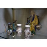 Two small Satsuma vases, 10cm high and three Oriental figures