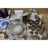 A small collection of Bristol Blue glassware, Wedgwood Jasperware, silverplate, posy vases, goblets,