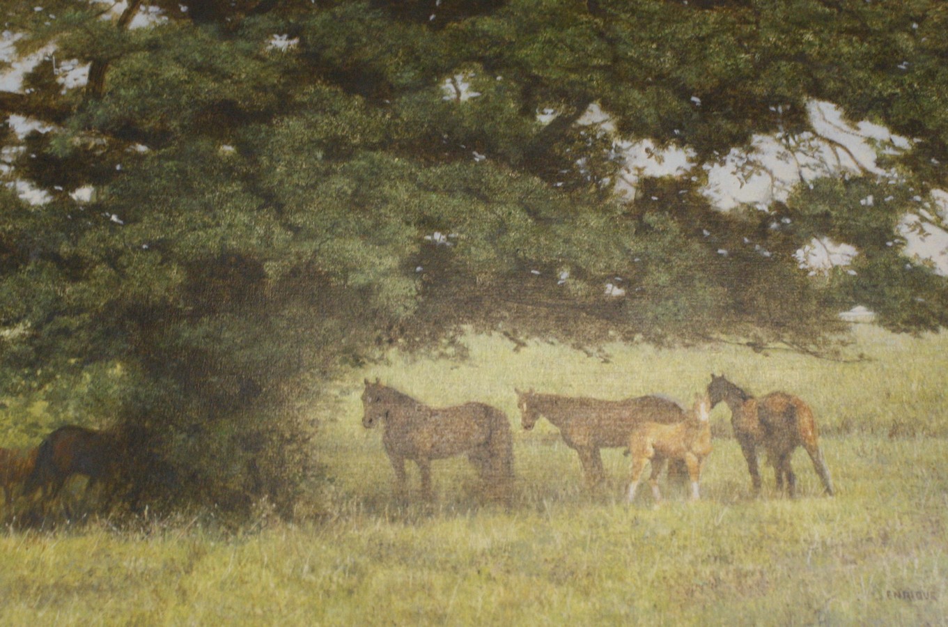 Enrique Castro (b.1938) 'The Oak'  Horses standing under an oak tree Oil on canvas Signed lower