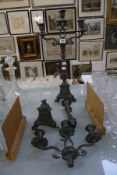 A pair of pewter candlesticks, a tripod bases with removable sconces (one a/f). Best Bid
