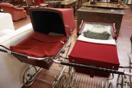 1980's Silver Cross Red pram (with one wheel bolt missing) and a red cord Silver Cross pram with