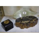 Two Japanese lacquer boxes (af) and a jade fish (af)
