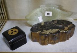 Two Japanese lacquer boxes (af) and a jade fish (af)