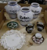 A small quantity of British and Continental ceramics, to include three French tobacco jars and other