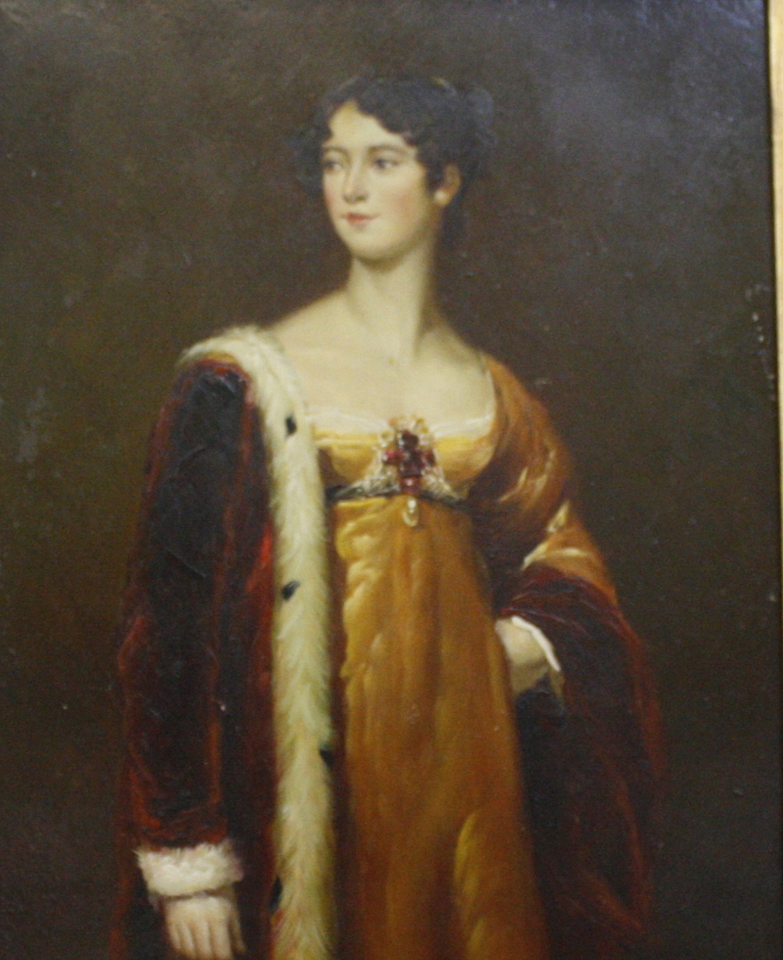 English School (20th Century) Portrait of lady in an ermine robe and an orange dress Oil on board