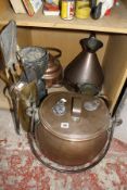Metalware to include an 18th century copper tankard; a copper vessel & cover, two copper measures, ,