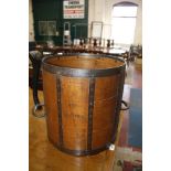 A George V banded bentwood two handled grain bushel measure 38cm high, 36cm diameter