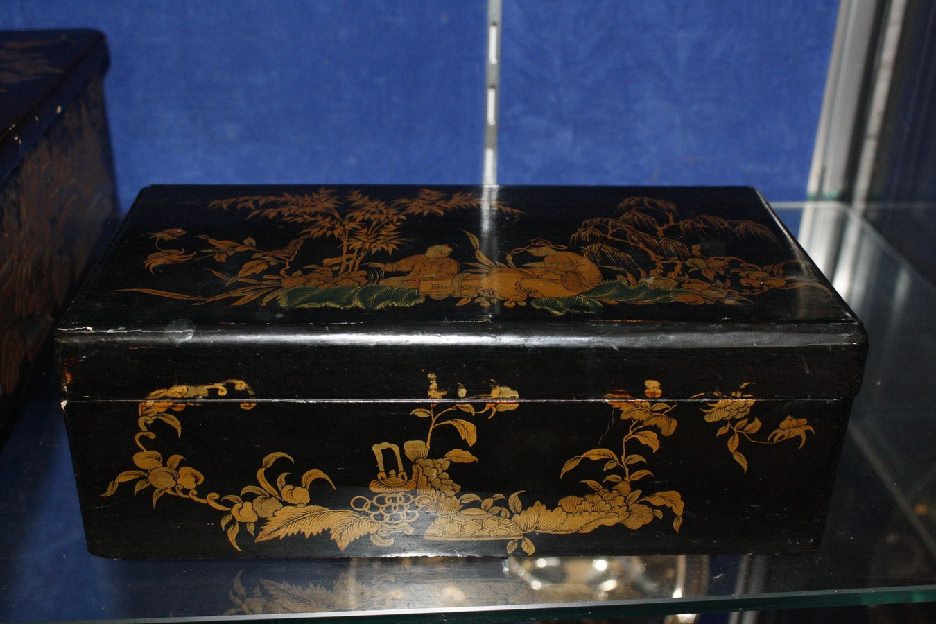 An early 19th century black lacquered work box, of rectangular form decorated with oriental - Image 2 of 2