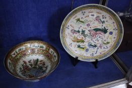 A 19th Century Chinese platter (af), 33.5cm and 20th Century Chinese bowl, 28cm in diameter (2)