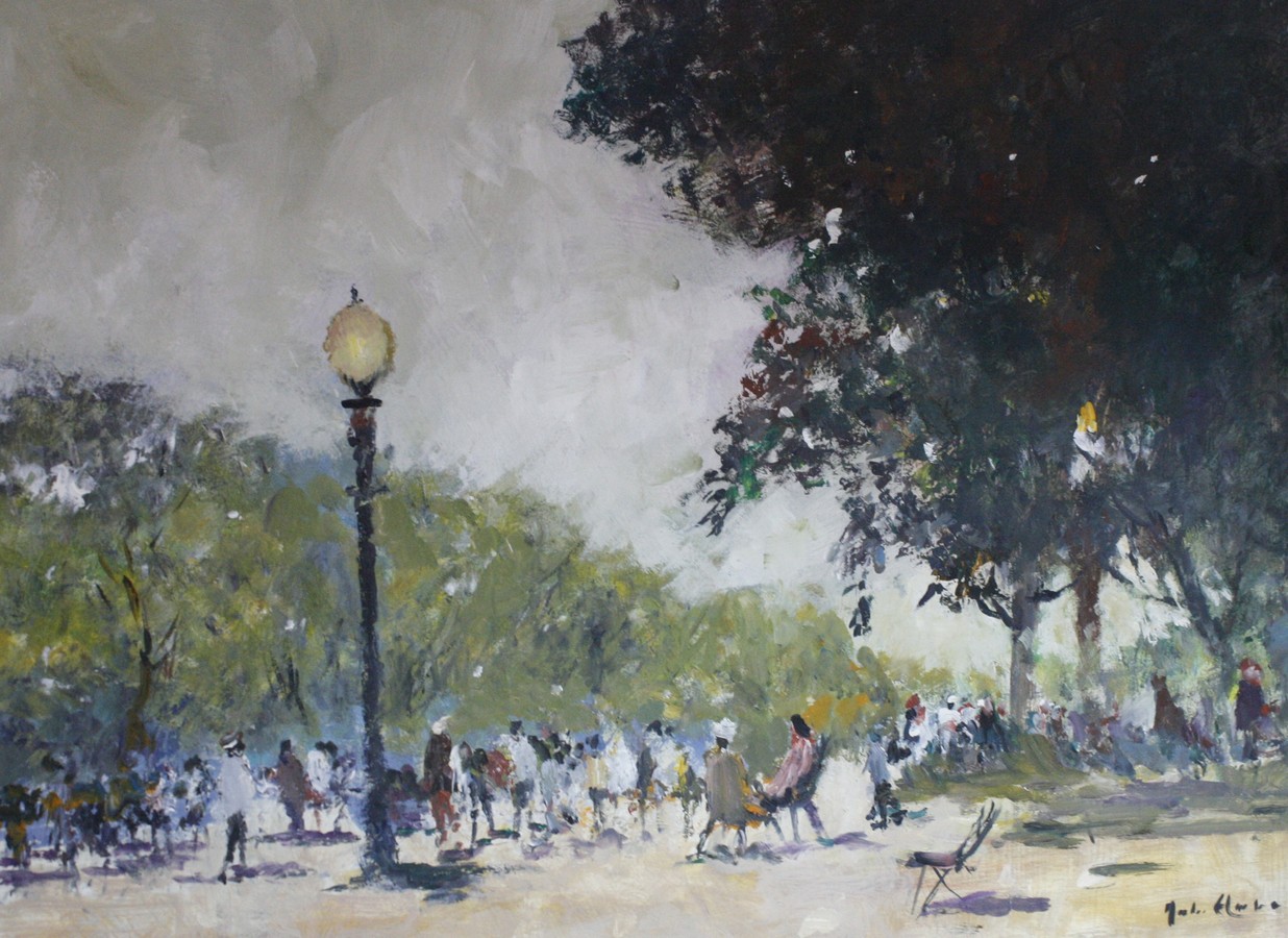 John Ambrose (1931-2010)  Park Scene; Beach Scene Oils on board, a pair Signed lower right 30cm x