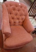 A late Victorian brick red upholstered armchair & mahogany commode with folding arms