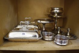A quantity of silverplated tableware, tureens, two decanters stands with bottles, two wine coasters,