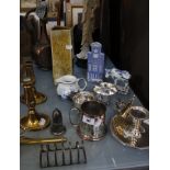 A copper Middle Eastern coffee pot, a small quantity of silver-plate and other sundry items