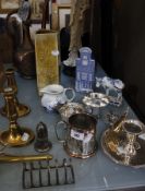 A copper Middle Eastern coffee pot, a small quantity of silver-plate and other sundry items