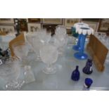 Assorted glassware, to include a set of six drinking glasses, a blue flashed-glass scent bottle, a