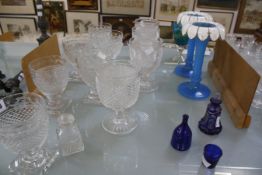 Assorted glassware, to include a set of six drinking glasses, a blue flashed-glass scent bottle, a