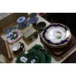 Two English cabinet plates, 19th century, and another and a tea cup and saucer - dark blue 2/162 and