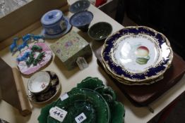 Two English cabinet plates, 19th century, and another and a tea cup and saucer - dark blue 2/162 and
