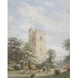 English School (19th Century) Seated in a church graveyard on a sunny day Watercolour Signed lower