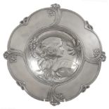 Art Nouveau silvered pewter dish, unmarked, 30cm in diameter