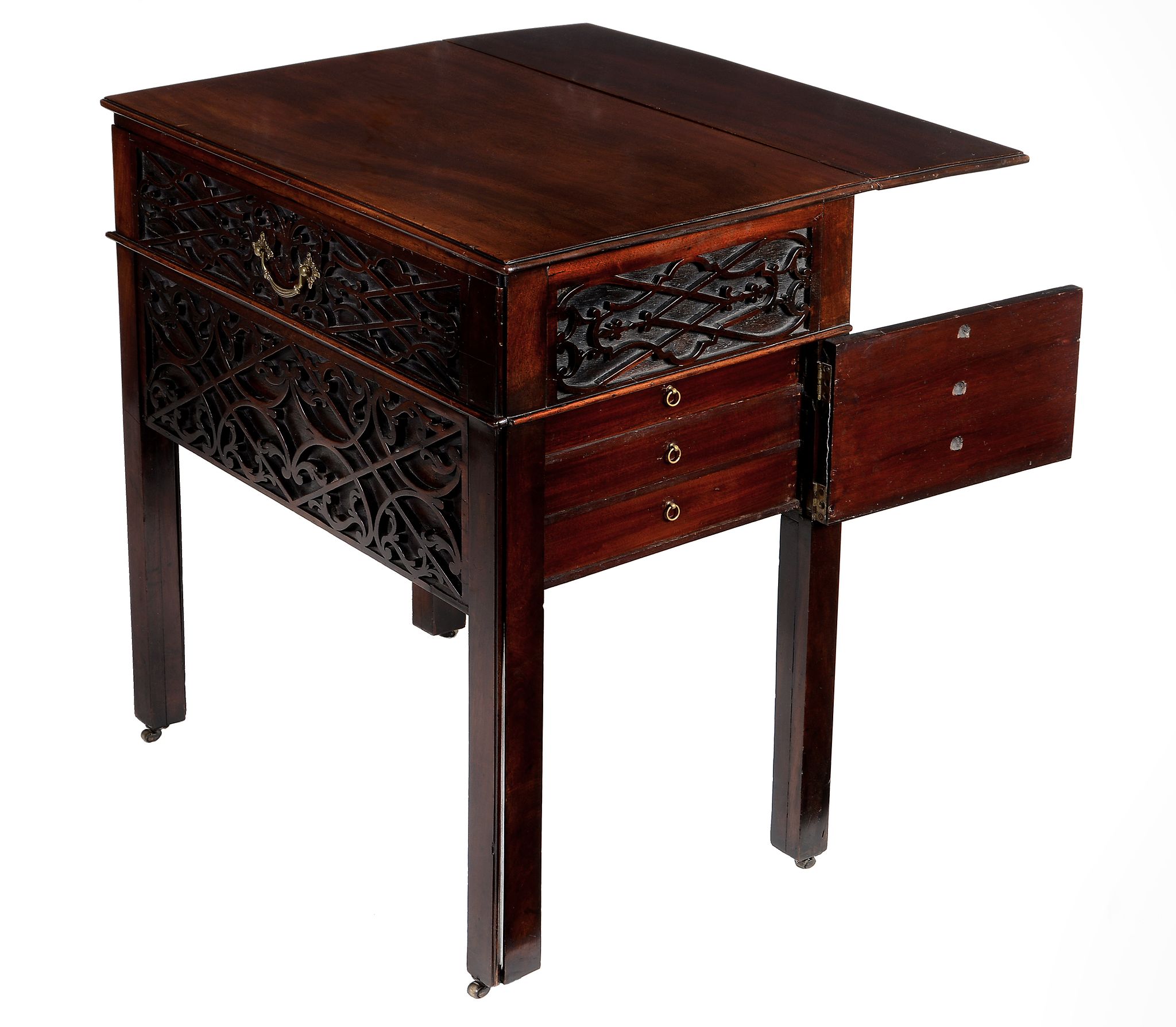 A George III mahogany writing table,   circa 1780, the rectangular moulded top with hinged rear - Image 2 of 3