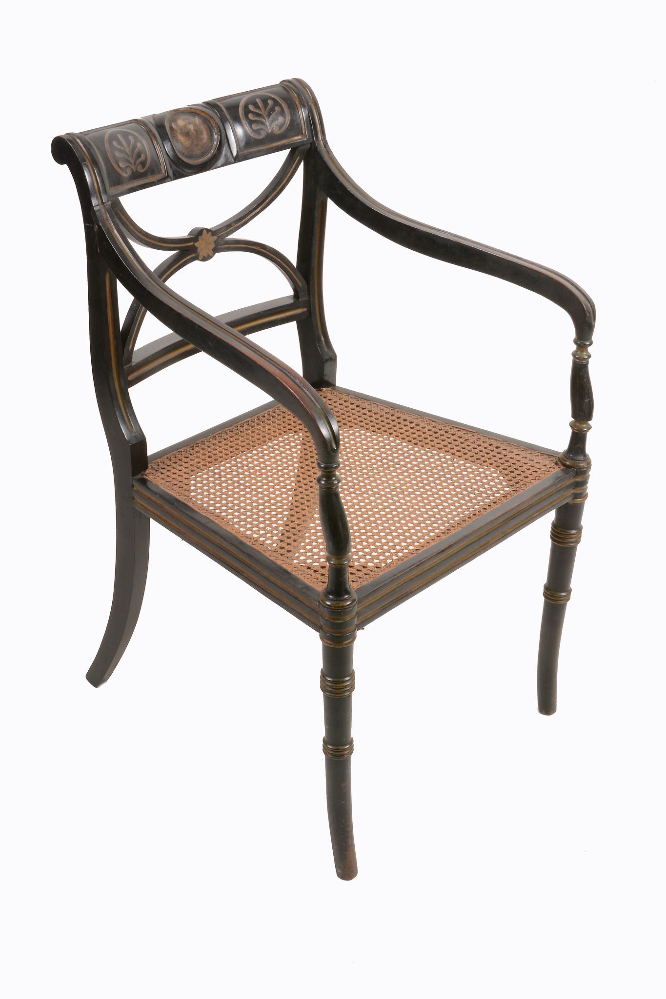 A George III ebonised and painted armchair, circa 1800, the shaped rectangular back with dresting - Image 4 of 5