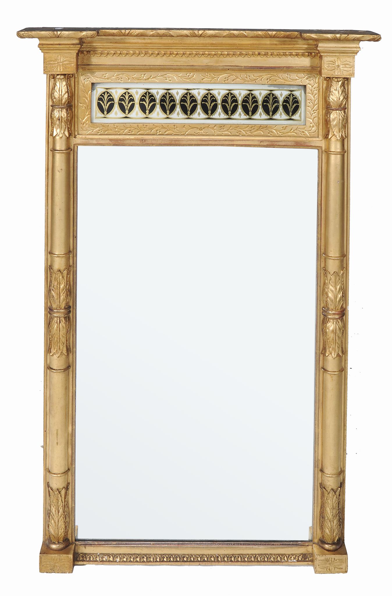 A Regency giltwood pier mirror , circa 1815, the moulded cornice and beading above a reverse painted