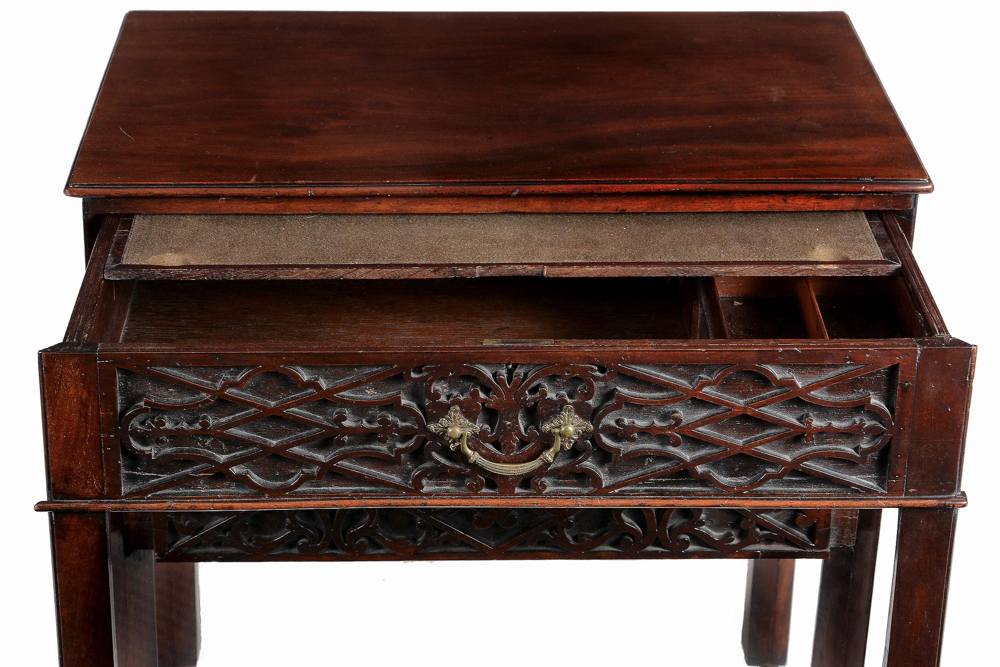 A George III mahogany writing table,   circa 1780, the rectangular moulded top with hinged rear - Image 3 of 3