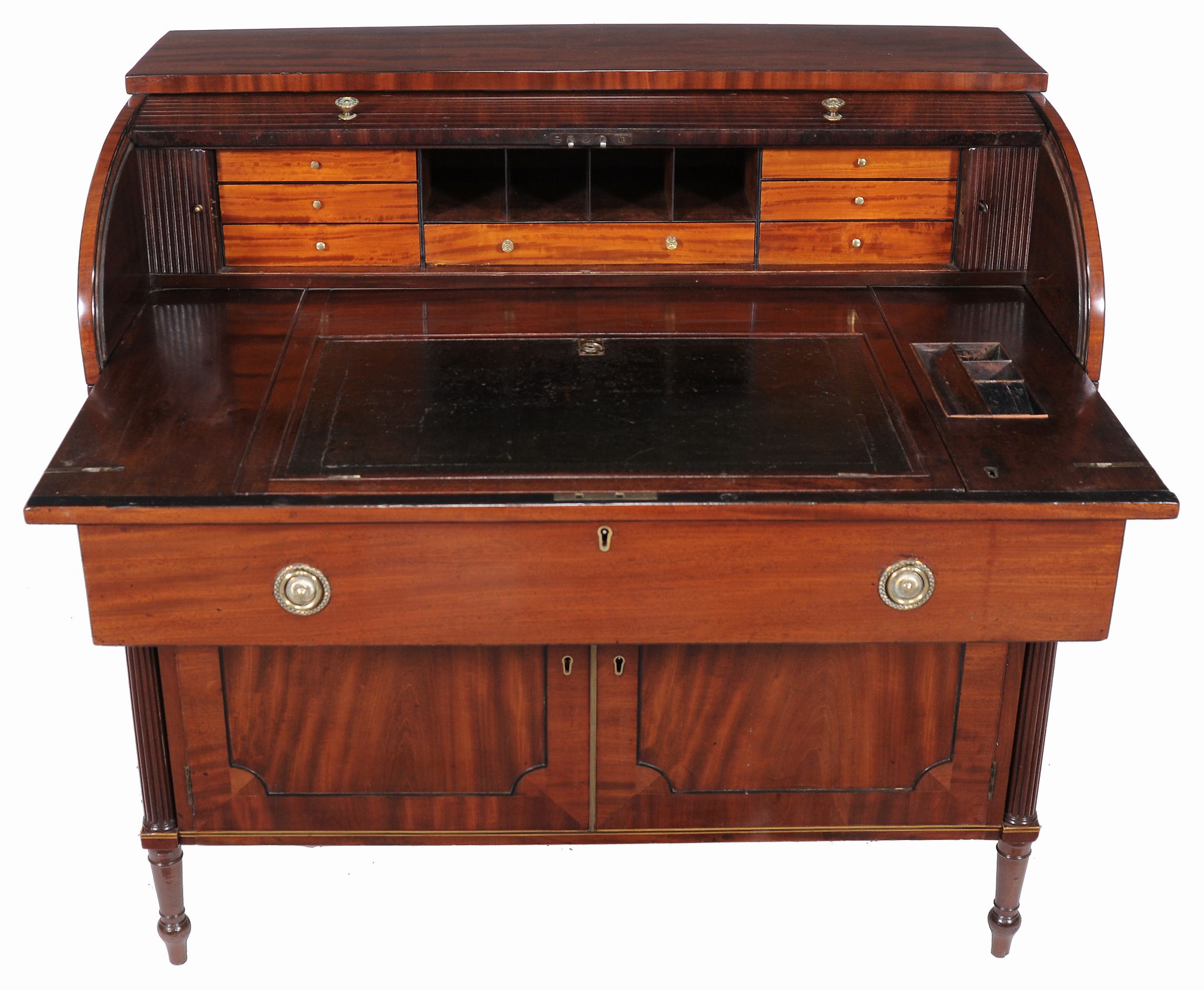 A George III mahogany tambour desk  , circa 1790, the tambour fall opening to a pair of tambour - Image 2 of 6