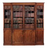 A George III mahogany breakfront library bookcase  , circa 1790,  the moulded cornice above central