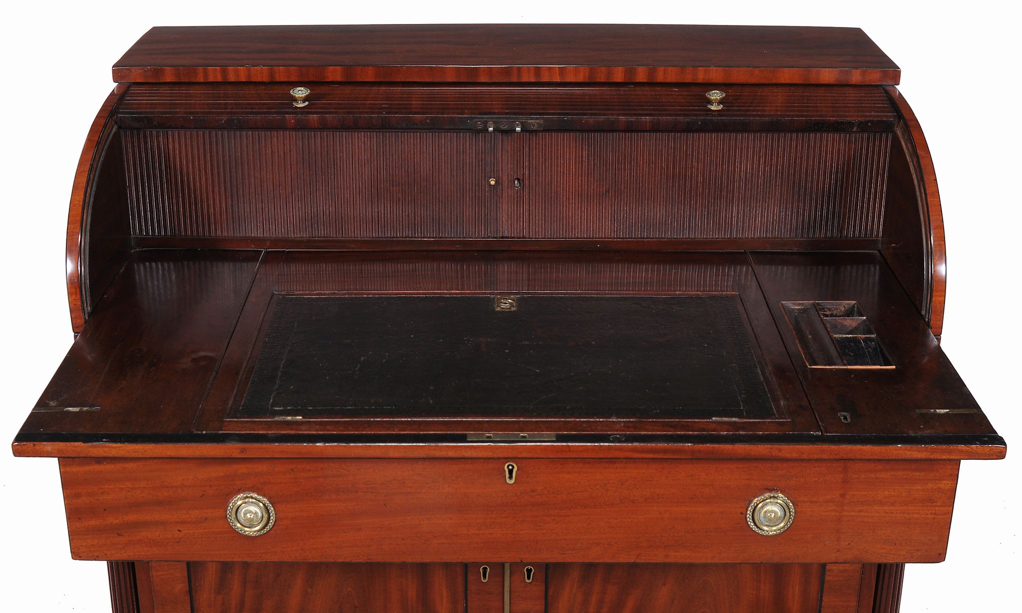 A George III mahogany tambour desk  , circa 1790, the tambour fall opening to a pair of tambour - Image 4 of 6