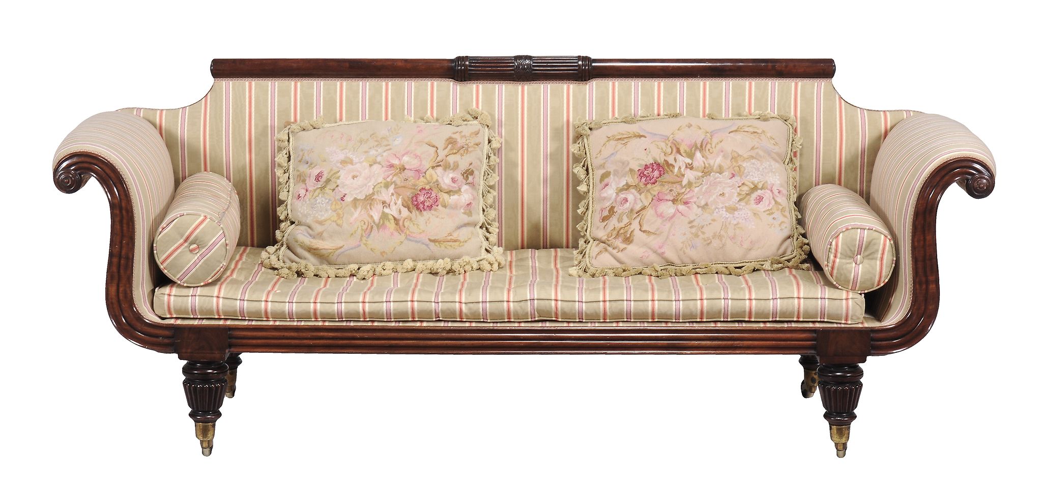 A Regency mahogany sofa,   circa 1815, the shaped rectangular back with turned terminals