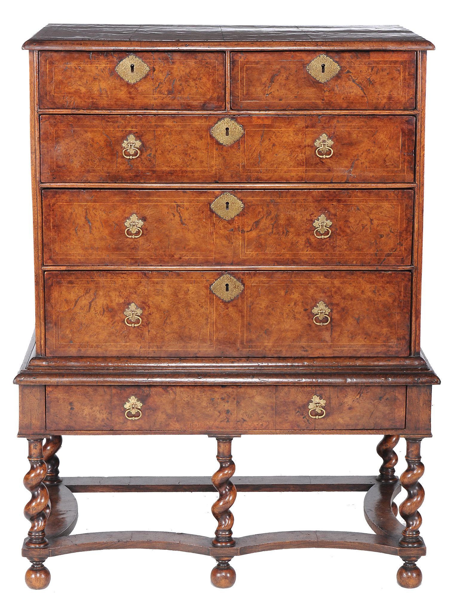 A William  &  Mary pollard oak chest on stand,   circa 1690, with holly stringing throughout, the