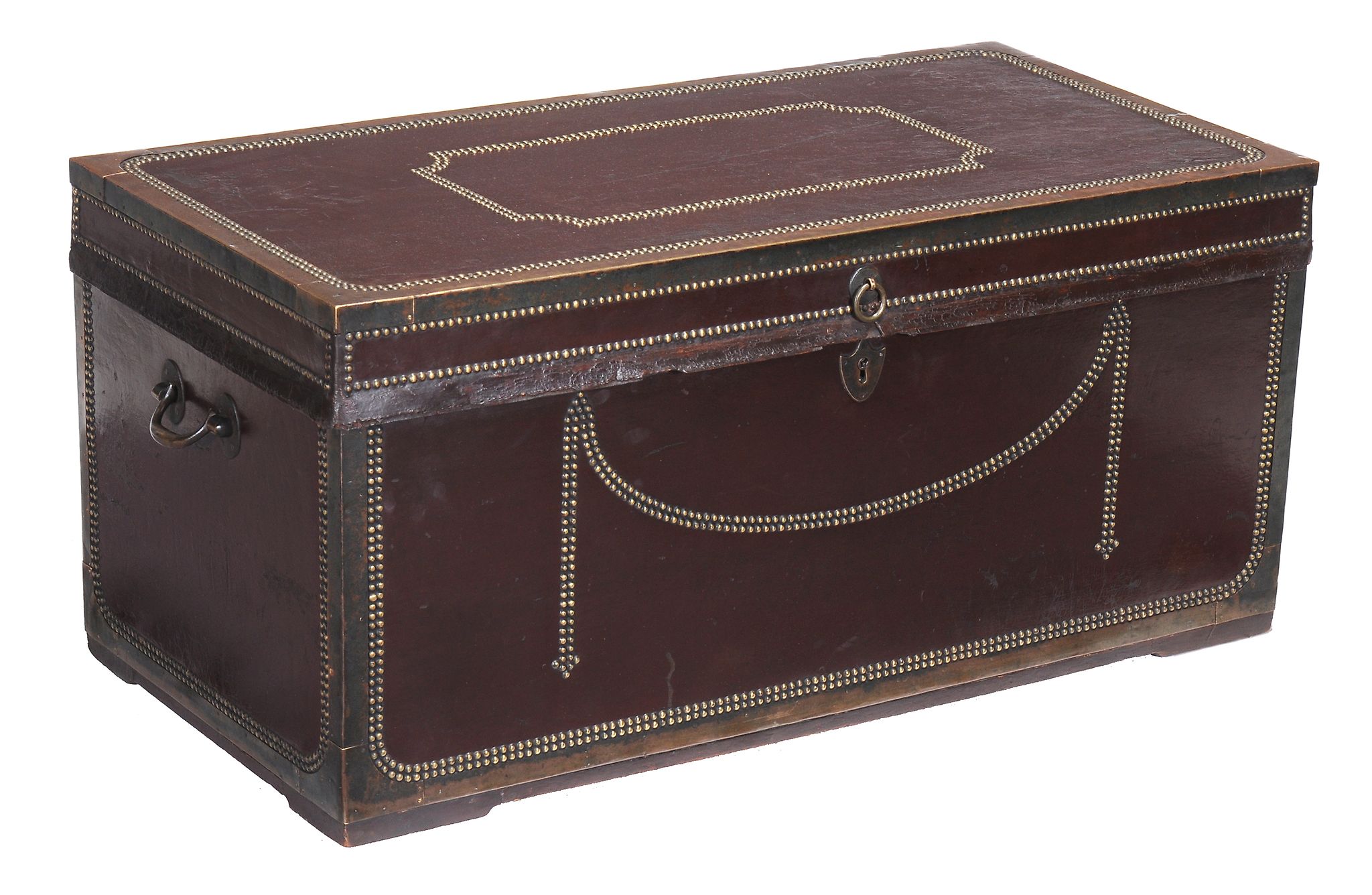 A leather and brass bound camphorwood trunk  , first quarter 19th century, with all over decorative - Image 3 of 3