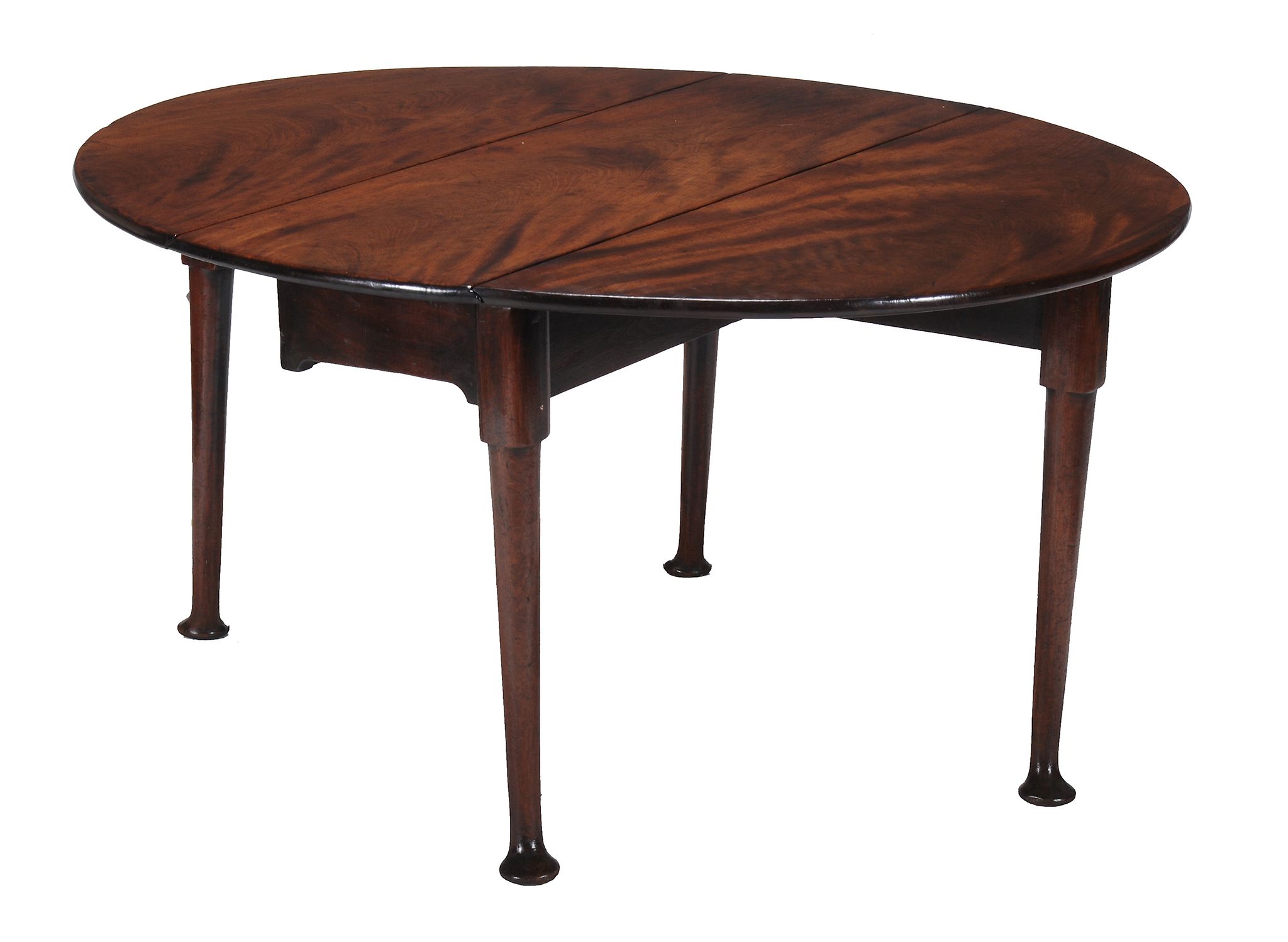 A George II mahogany drop leaf dining table,   circa 1750, the oval top with moulded edge
