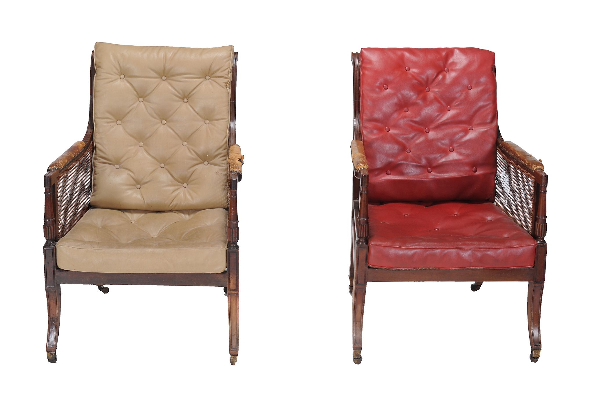 A matched pair of George IV mahogany library bergere armchairs, attributed to Gillows,   circa