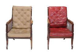 A matched pair of George IV mahogany library bergere armchairs, attributed to Gillows,   circa