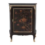 A French black lacquer and brass mounted side cabinet  , circa 1870, the shaped top with applied