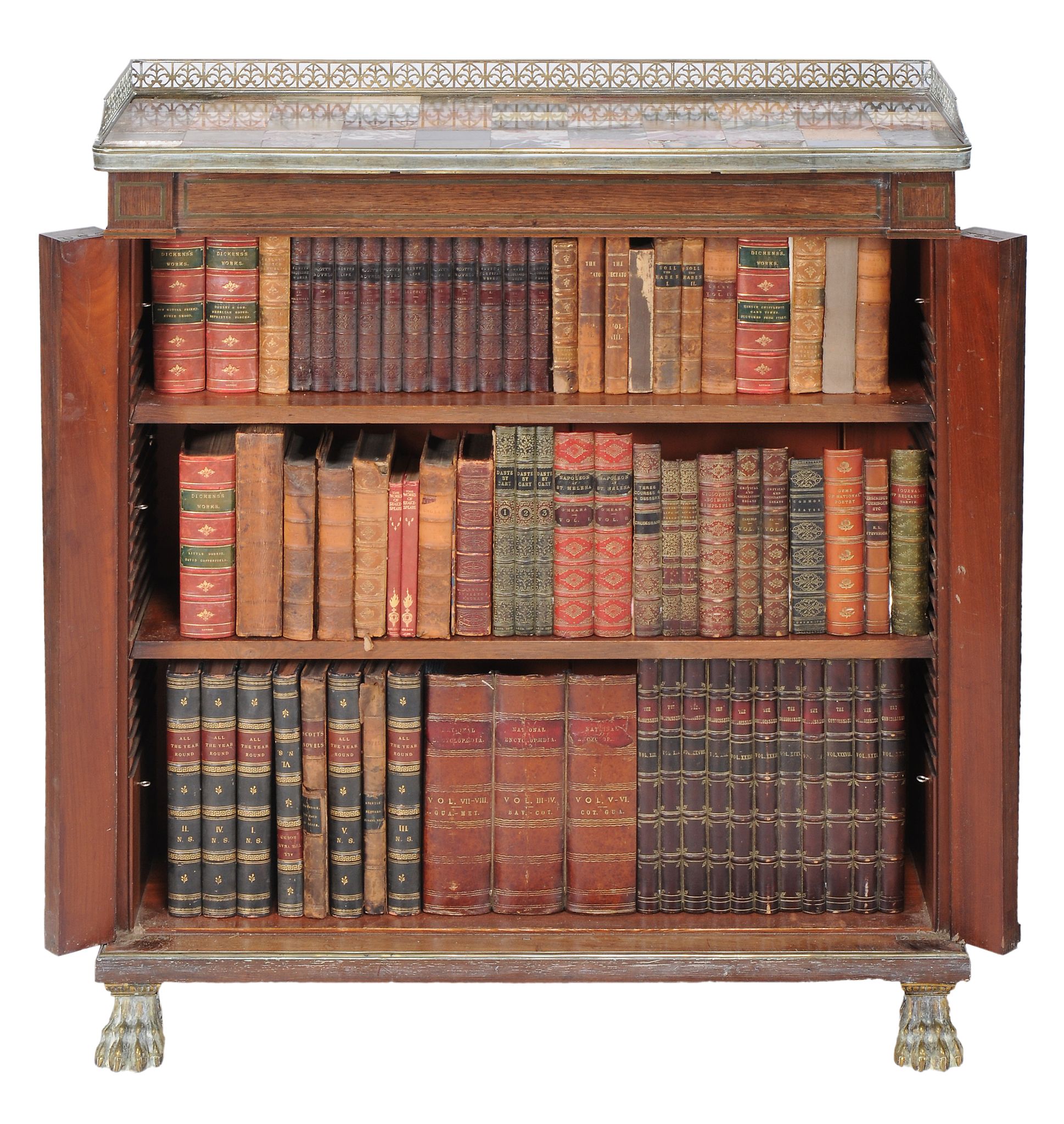 A matched pair of Regency rosewood and brass inlaid bookcases  , circa 1815, each with specimen - Image 3 of 3