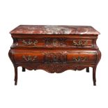 A Louis XV walnut and marble mounted commode  , circa 1750, the rectangular variegated red marble