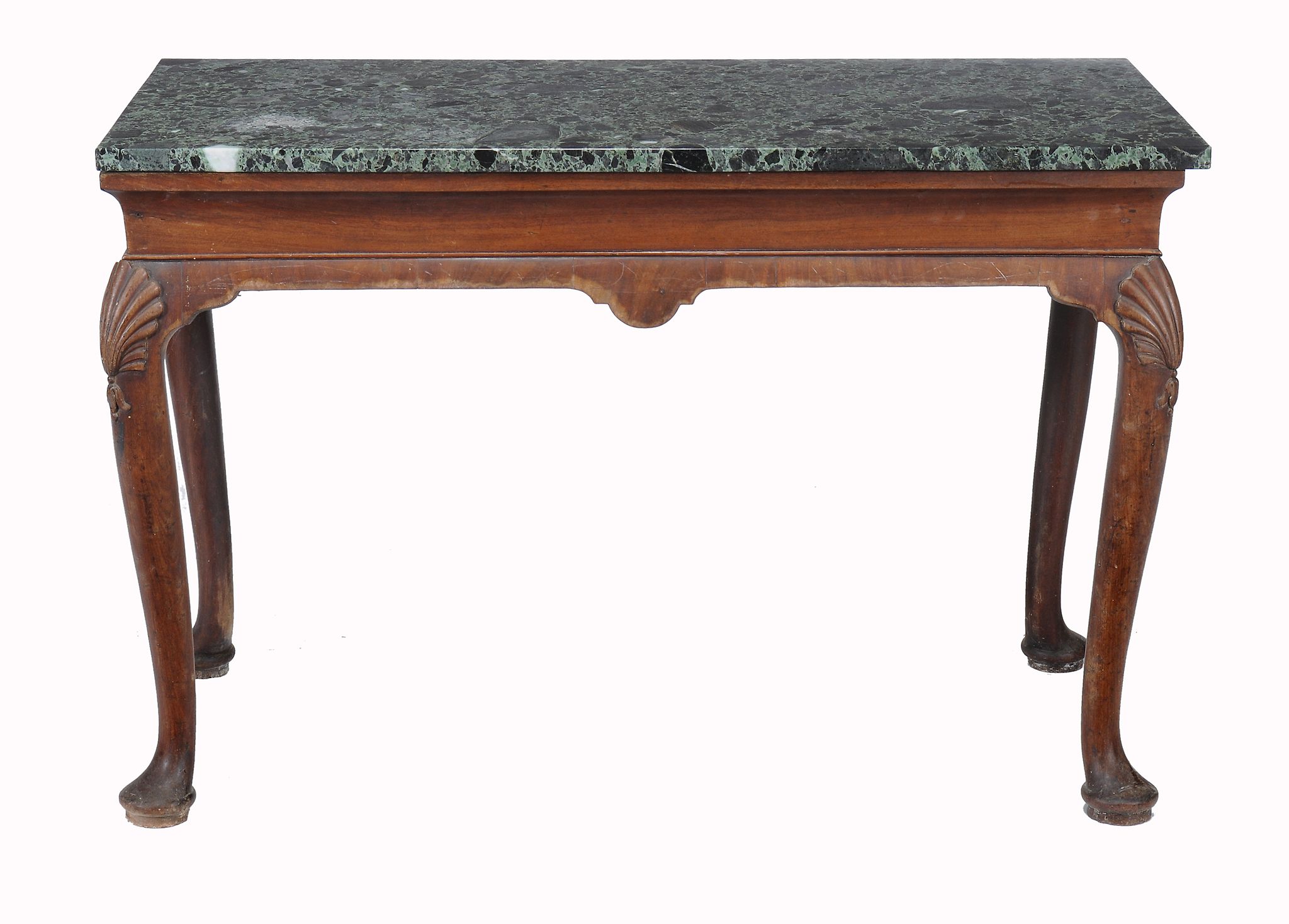 A George II mahogany console table  , circa 1740, the serpentine marble top above a plain frieze
